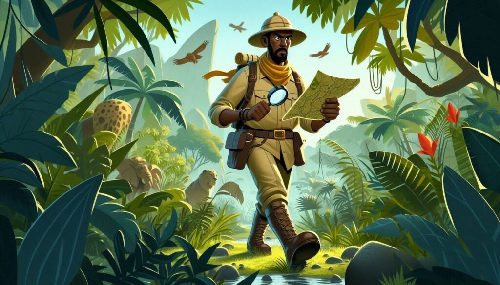 Illustration of a man exploring the jungle.